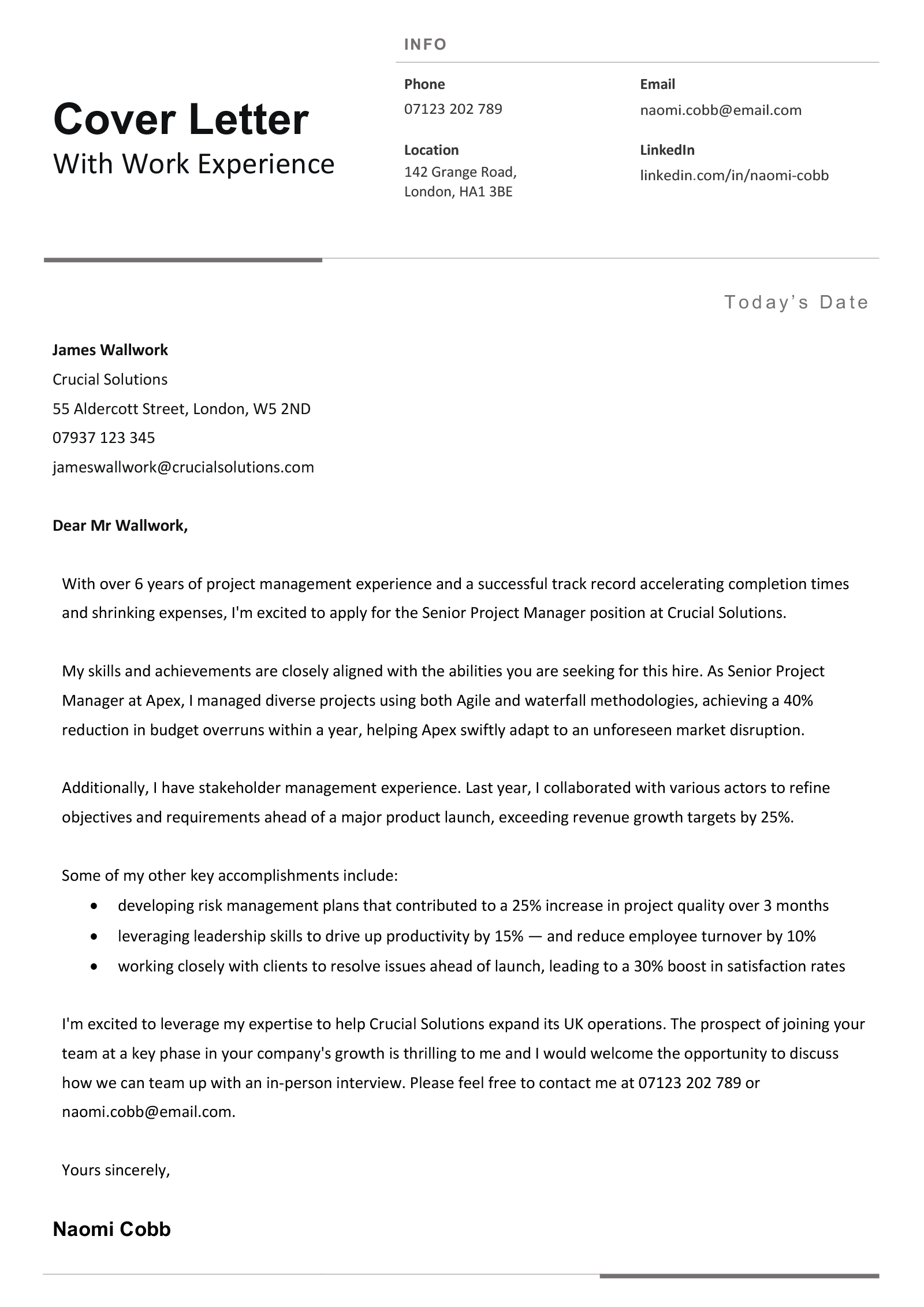 An example of how to write a cover letter with job-relevant experience, using a template with bold text and resume icons in the header