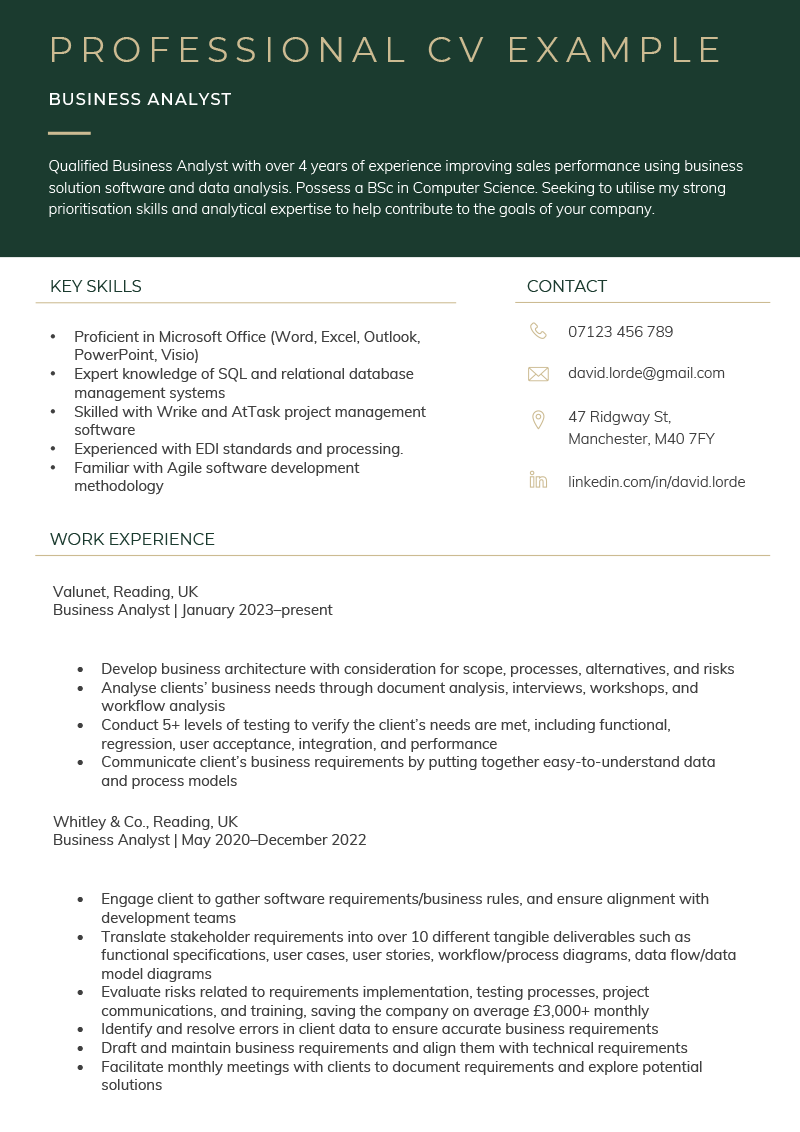 A professional CV example with a green CV heading.