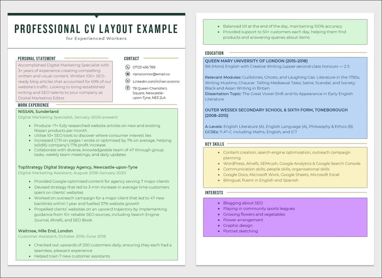 An example of a two-page side-by-side professional CV layout with its sections highlighted in different coloured boxes on a light grey background to illustrate the correct way to set out a CV for an experienced worker.