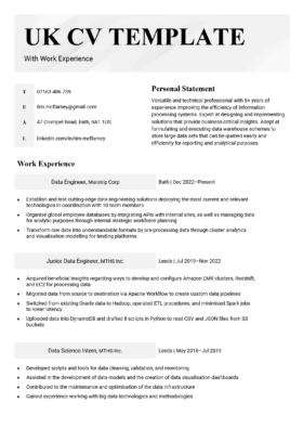A CV template UK job seekers can use. It has Large black text on a light-grey bar to make the applicant's name stand out in the header.
