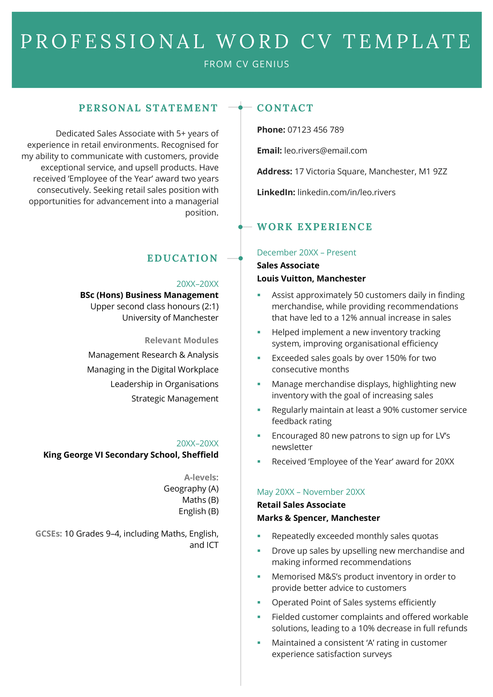 A professional CV template for free Word download that features a prominent name header that's sure to catch the recruiting manager's eye.