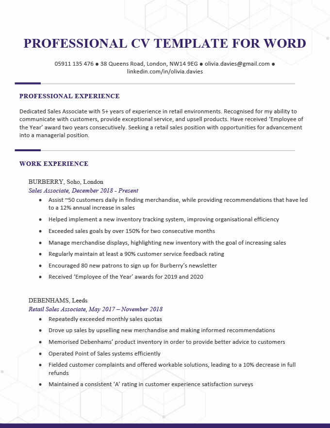 A purple-themed Word CV template with a subtle geometric design in the background and a purple line at the bottom.