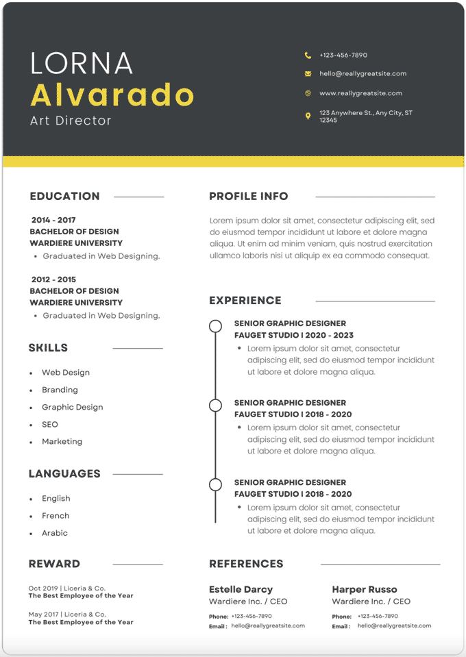 A Canva CV template with a bold header and the standard CV sections presented in two columns.