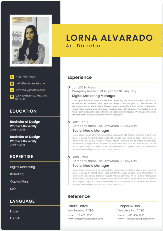 A Canva CV template with a yellow header and a large photo in the top-left corner.