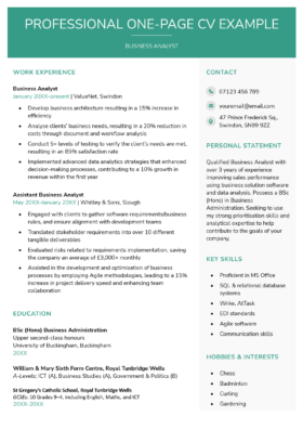 A one-page CV template with a bold red-and-black header with white text, followed by the rest of the applicant's CV sections in two columns.