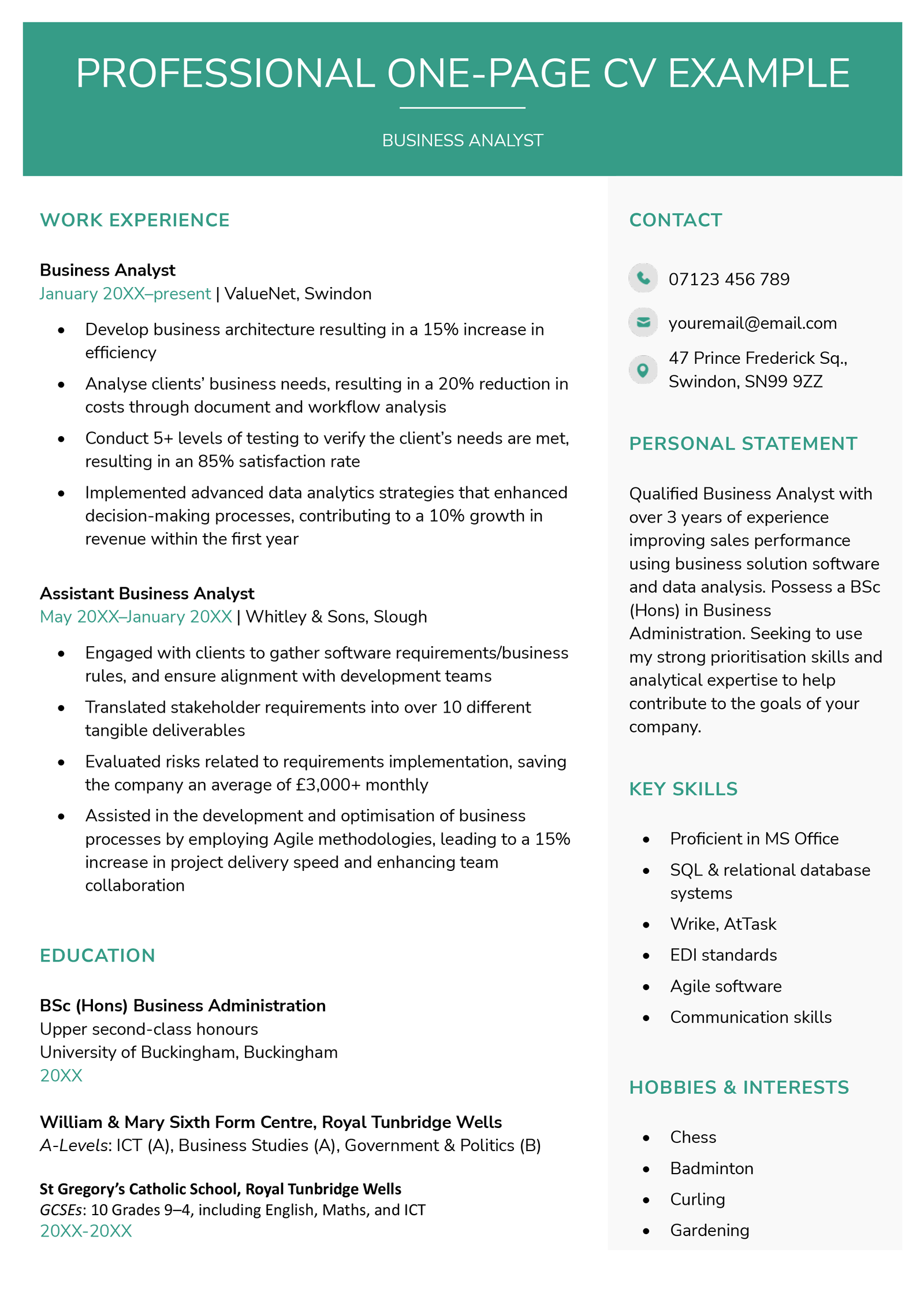 A one-page CV template with a bold red-and-black header with white text, followed by the rest of the applicant's CV sections in two columns.