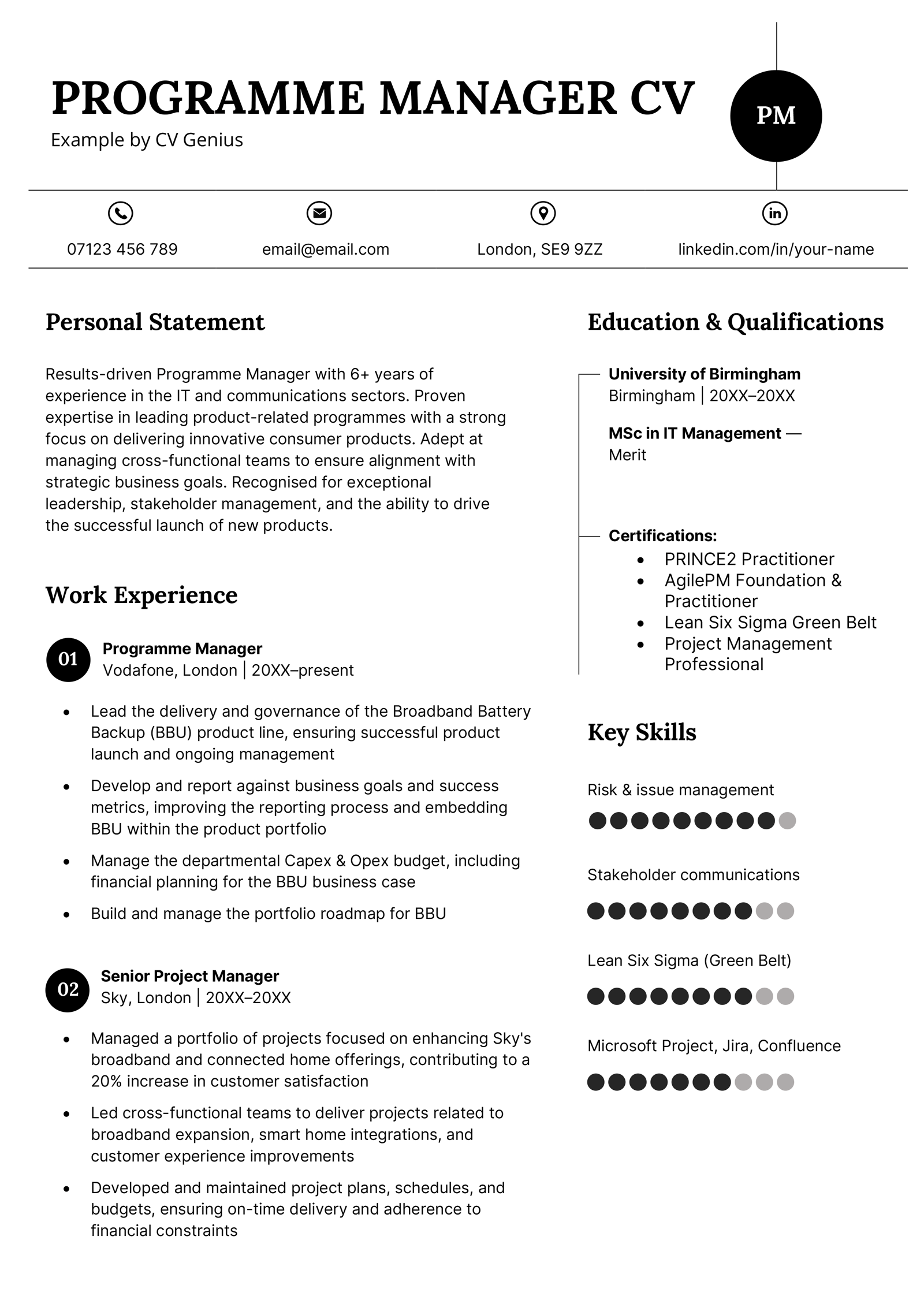 The first page of a programme manager CV example