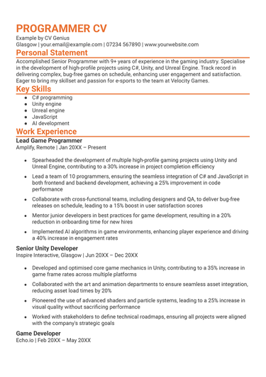 The first page of a programmer CV example