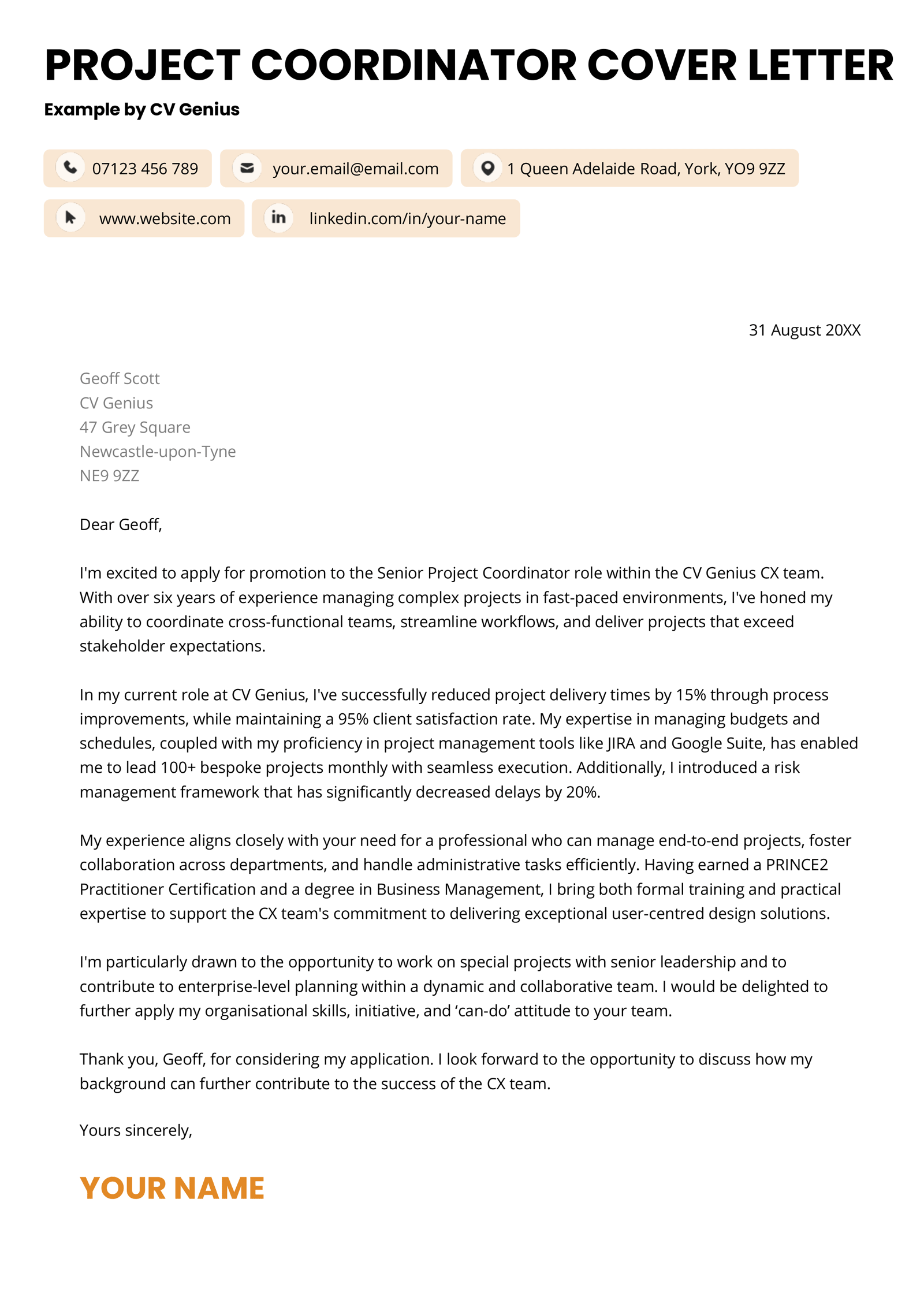 A project coordinator cover letter example for UK job seekers.