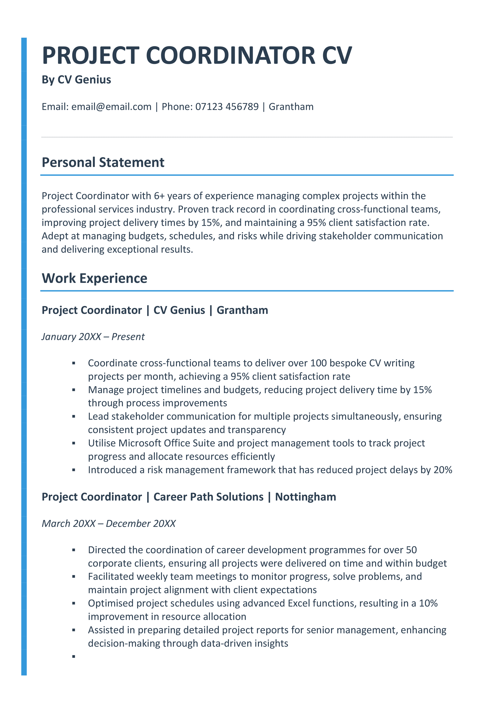 The first page of a project coordinator CV example.