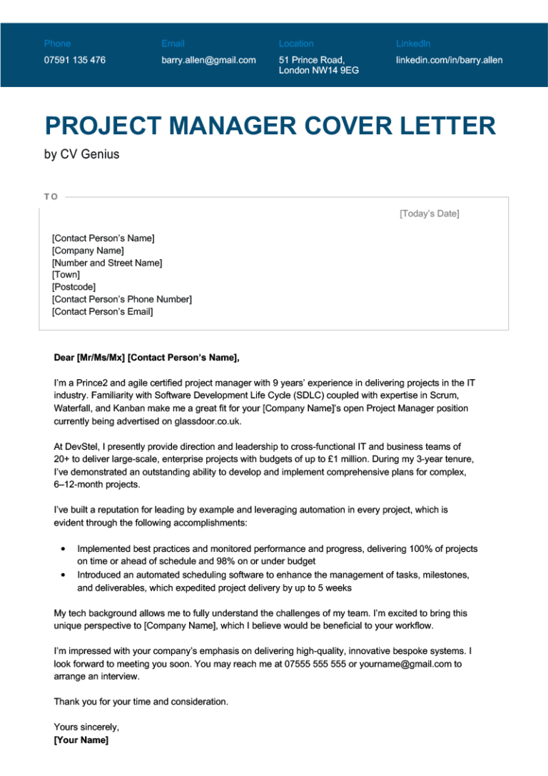project manager cover letter structure