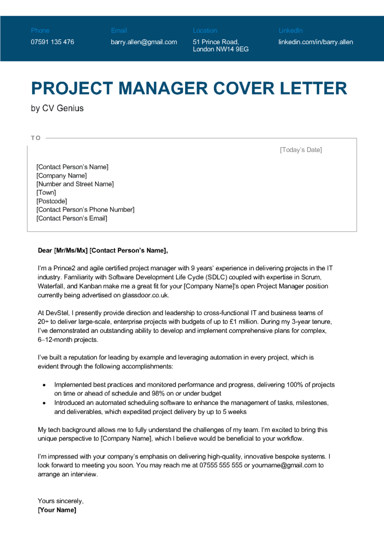 example cover letter senior project manager