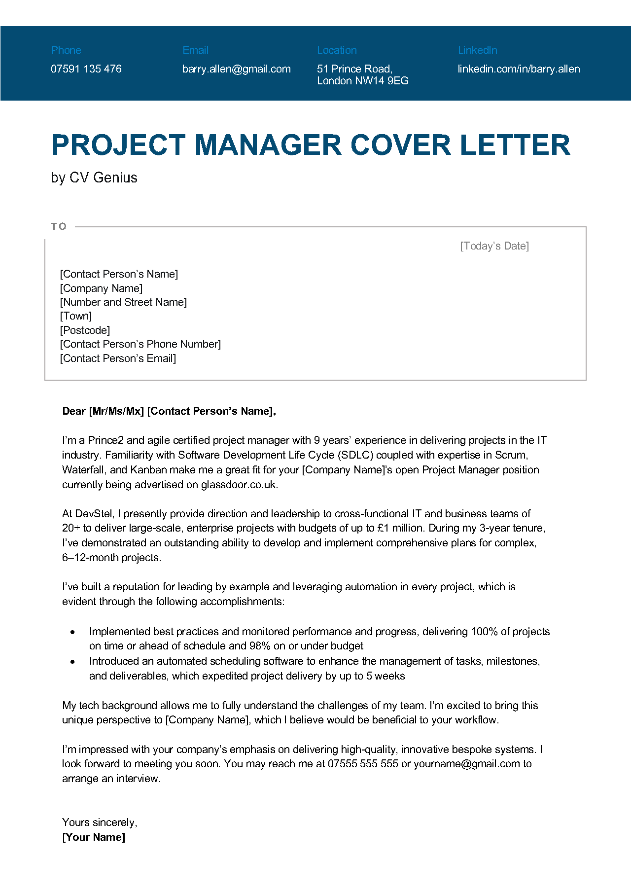 A project manager cover letter example