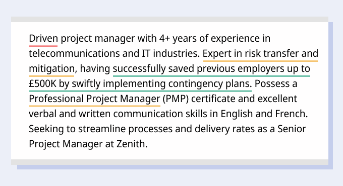 A personal statement from a project manager CV with key elements underlined in red, green, and yellow.