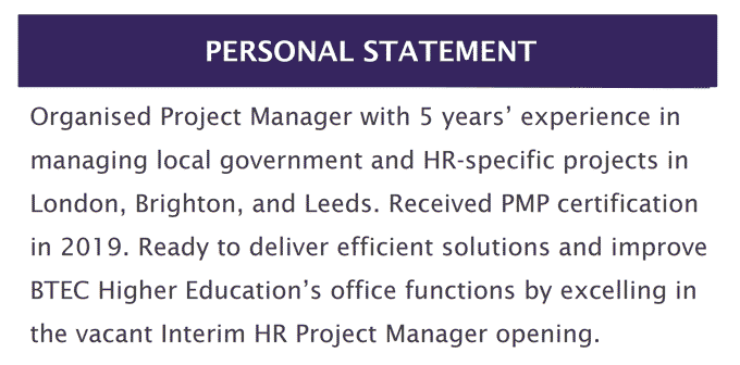 A project manager CV personal statement example with a bold blue header