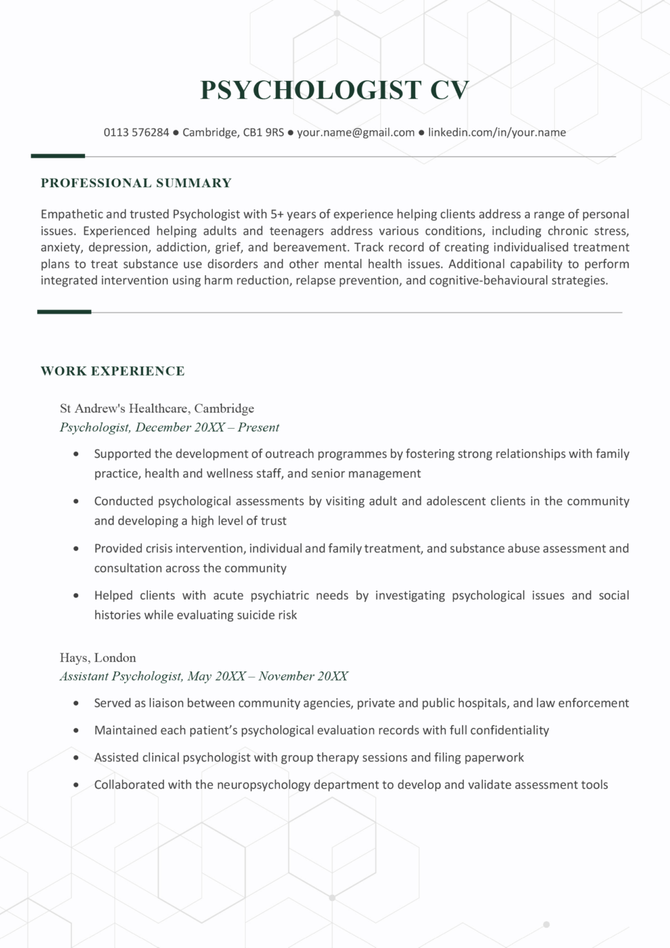 A psychologist CV example with a formal green header and geometric graphic design, as well as two CV sections that outline the applicant's experience.