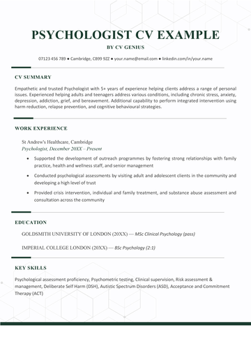 A psychologist CV example with a formal green header and geometric graphic design, as well as two CV sections that outline the applicant's experience.