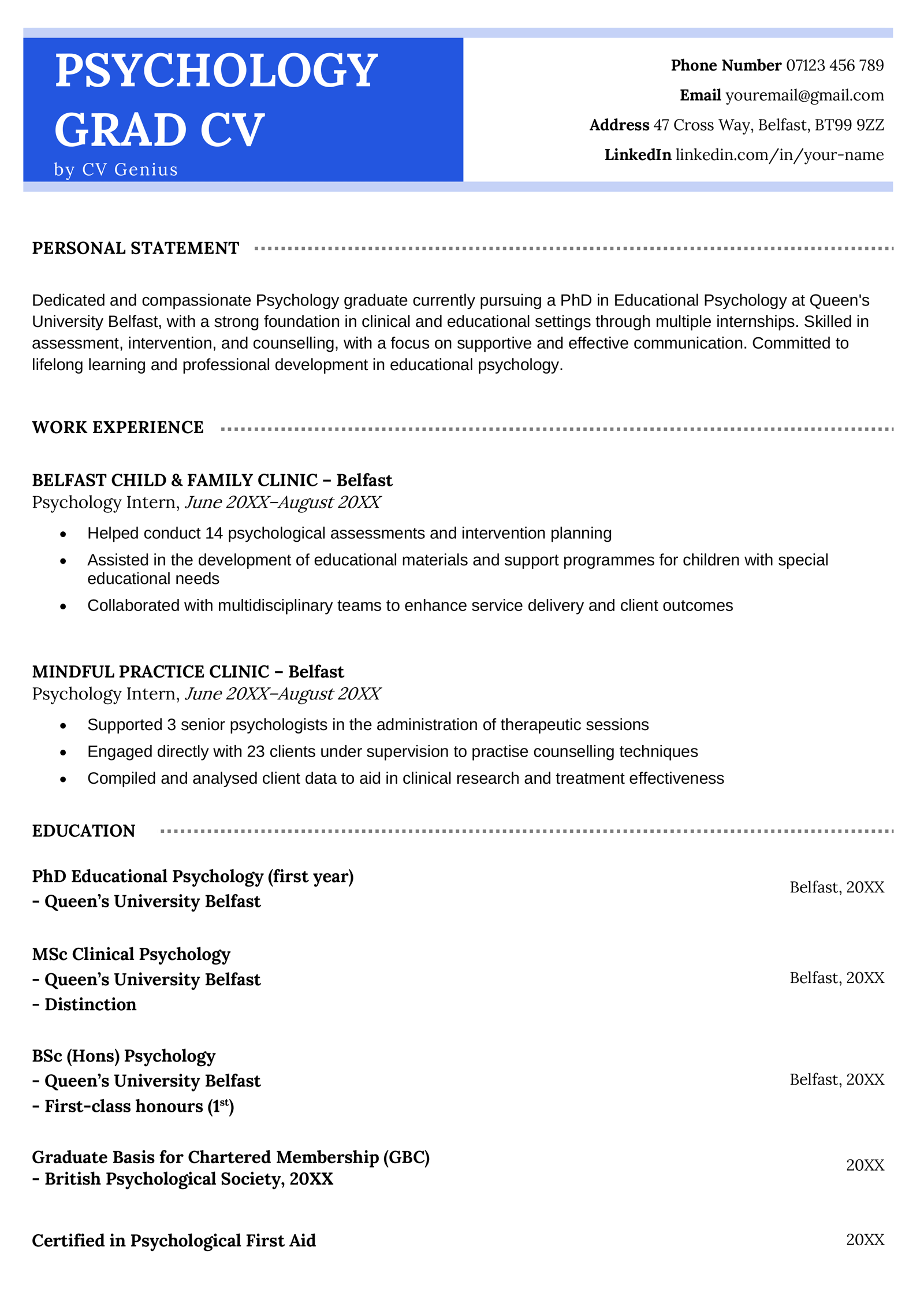 A psychology graduate CV example in blue with a large education section that takes up around half the page.