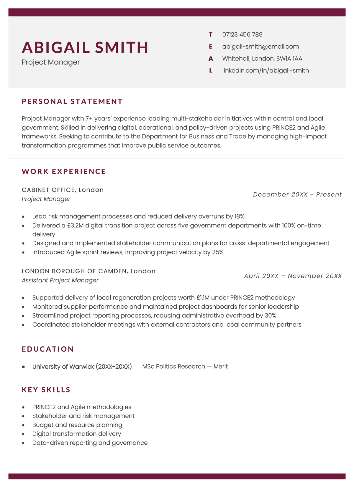 ATS-optimised CV template that uses an appropriate layout for public sector and government jobs