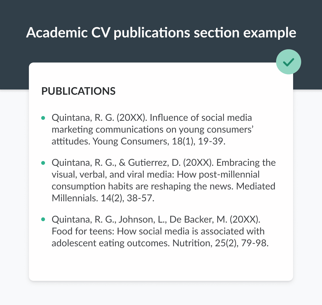An example publication section from an academic CV with citations for three recently published journal articles
