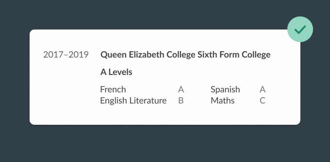 An A Levels entry on a CV education section with the applicant's subjects organised in columns