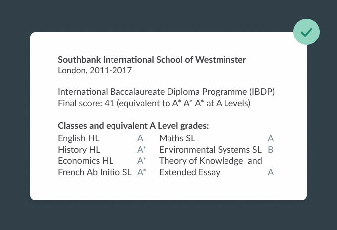 An example showing how to write an International Baccalaureate qualification on a CV, with individual subjects and their A Level grade equivalents organised in columns