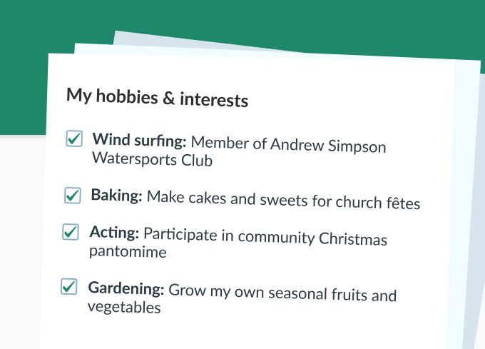 A list of personal hobbies and interests on a sheet of paper.