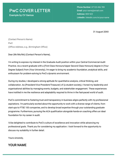 A pwc cover letter example for UK job seekers.