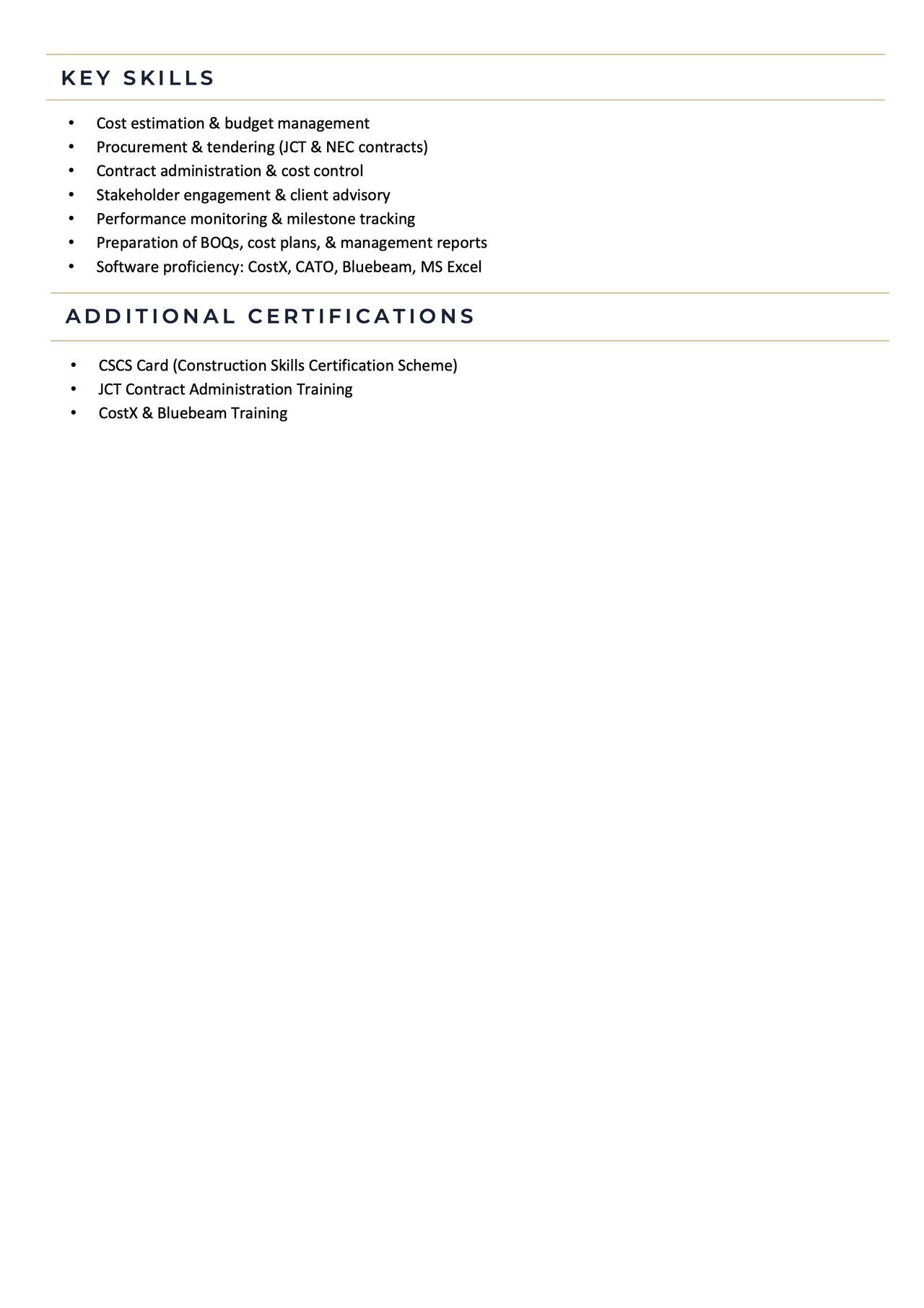 The second page of a quantity surveyor CV, showing the key skills and certifications sections.