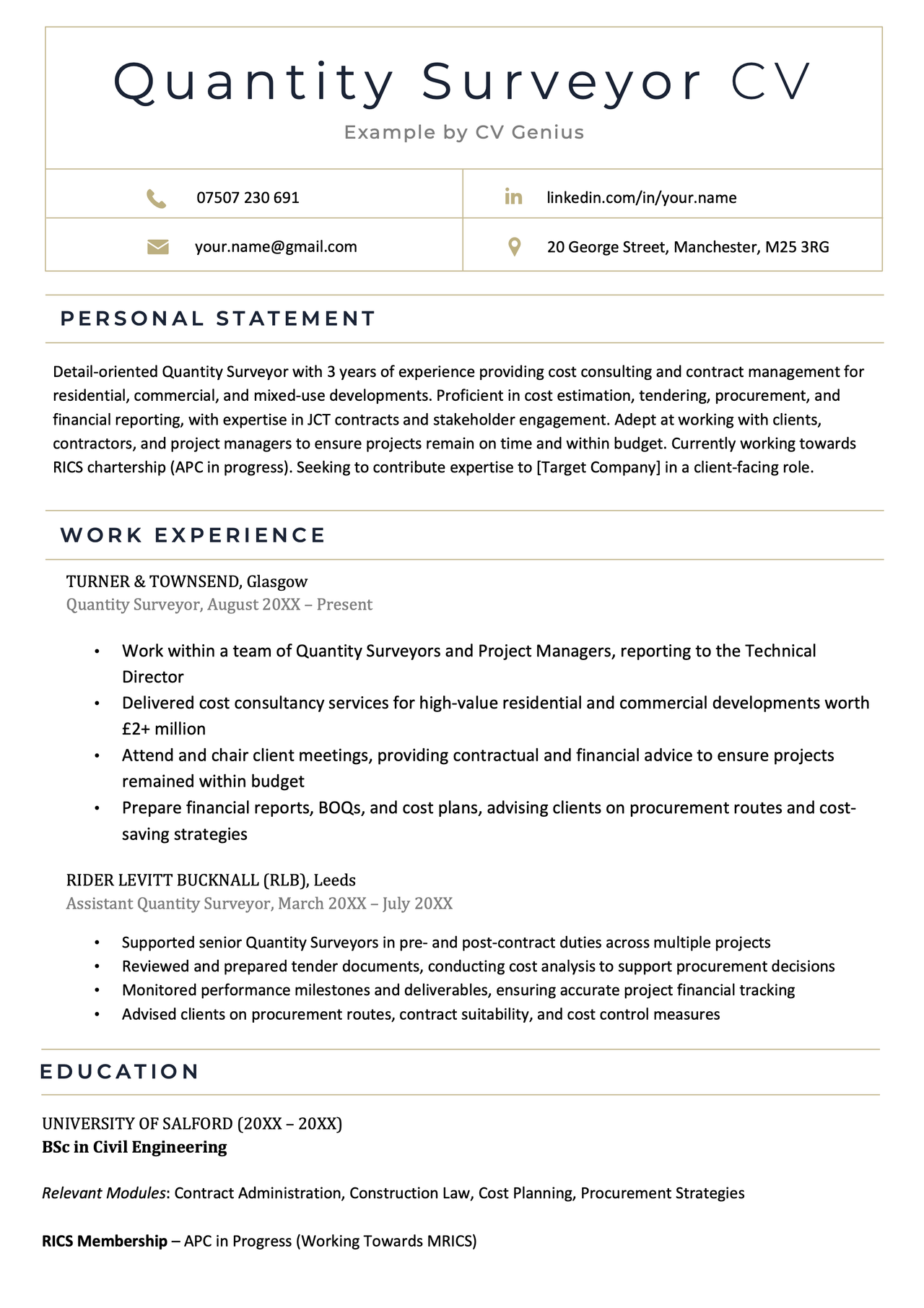 The first page of a quantity surveyor CV showing the personal statement, work experience, and education sections.