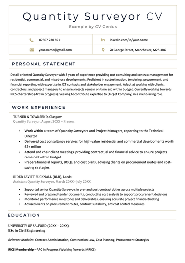 The first page of a quantity surveyor CV showing the personal statement, work experience, and education sections.