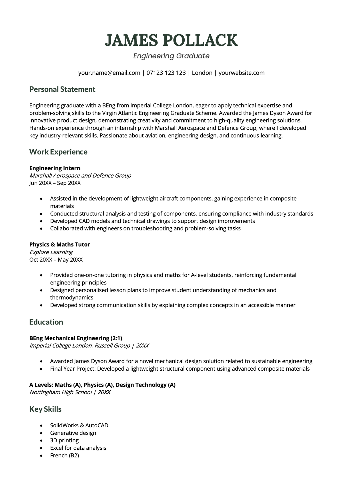 ATS-optimised CV template that uses an appropriate layout for a recent graduate