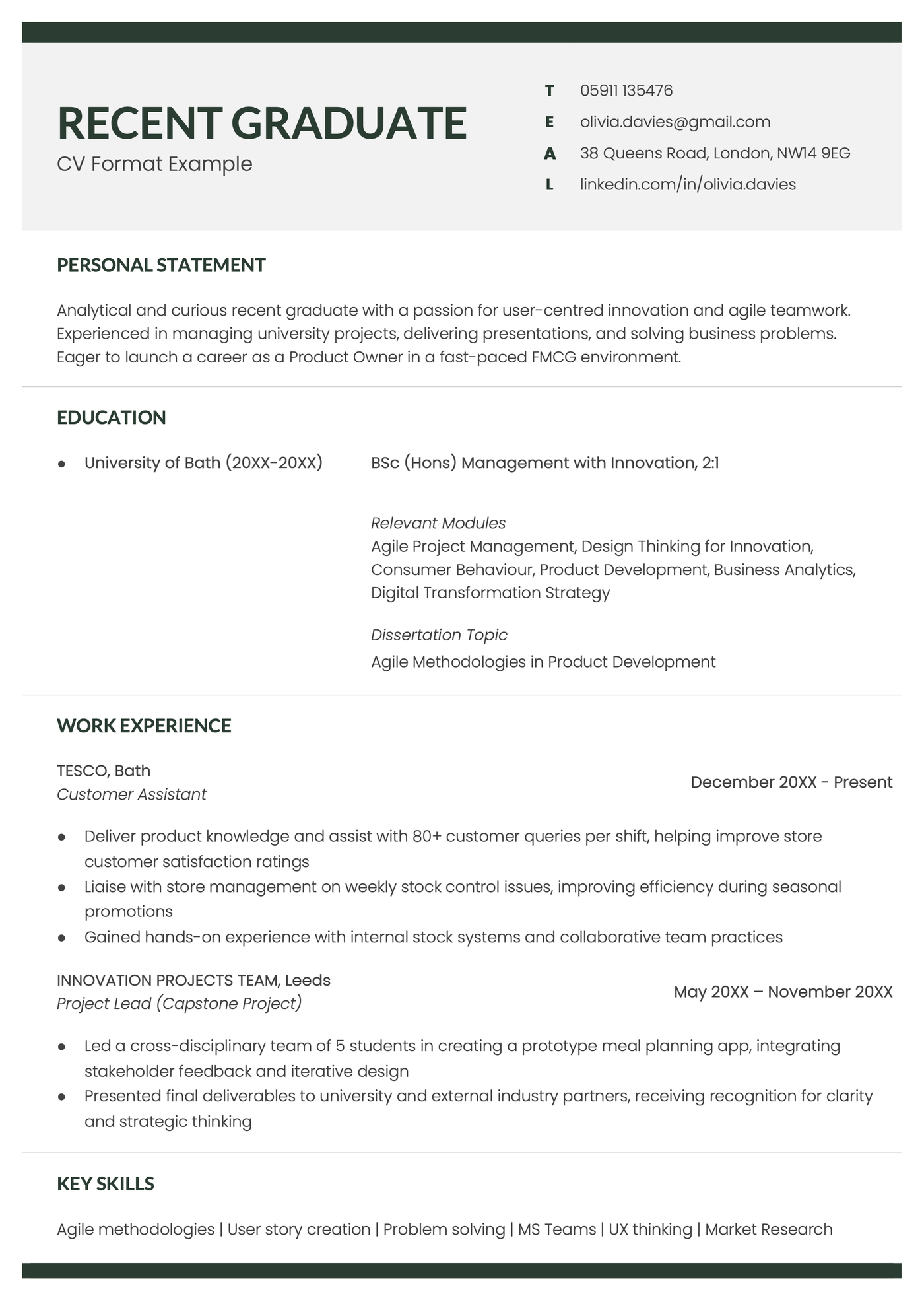 An example of a recent graduate CV 