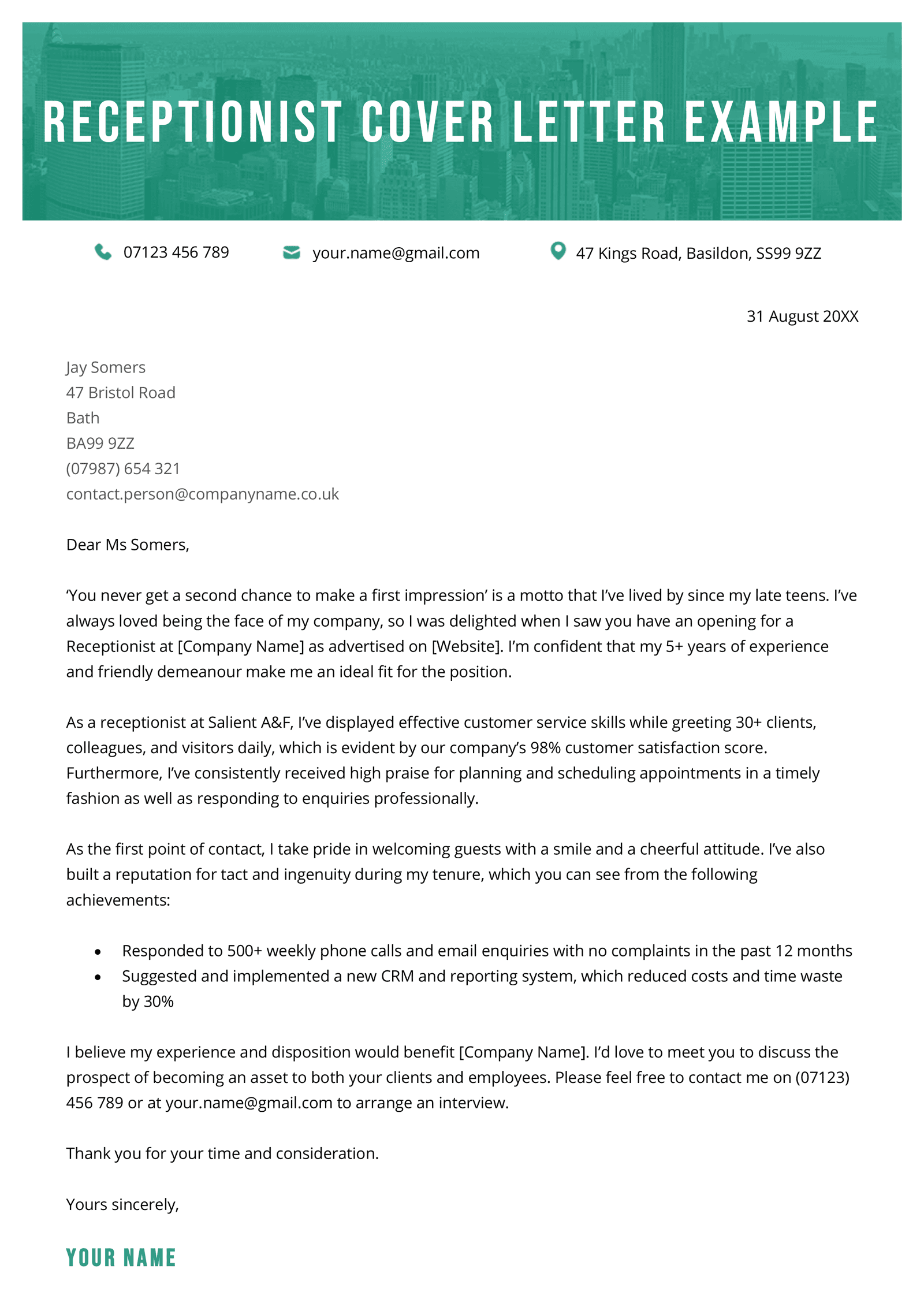 A receptionist cover letter sample