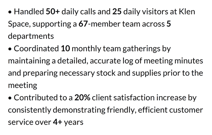 An example of bolded numbers on a receptionist CV example that quantifies the applicant's previous achievements