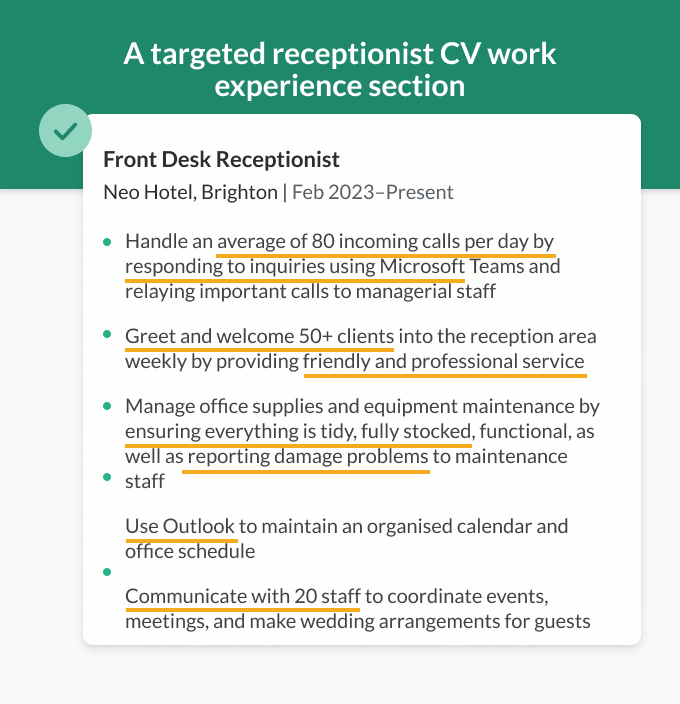An example of a targeted receptionist CV's work experience section with important keywords underlined in yellow