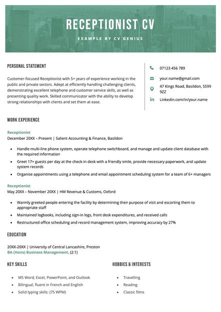 An example of a receptionist CV.