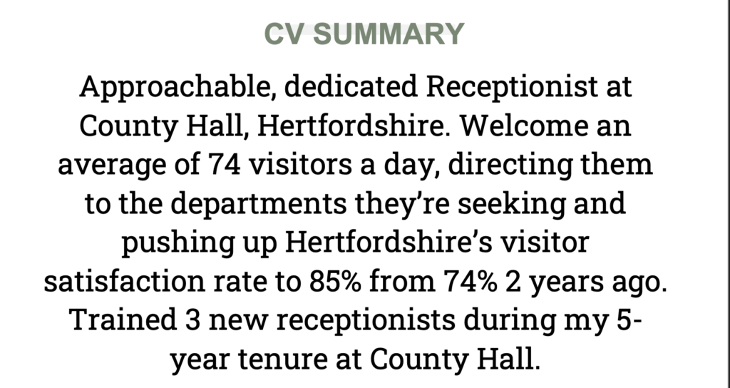 Summary of a CV for a receptionist with a green title.