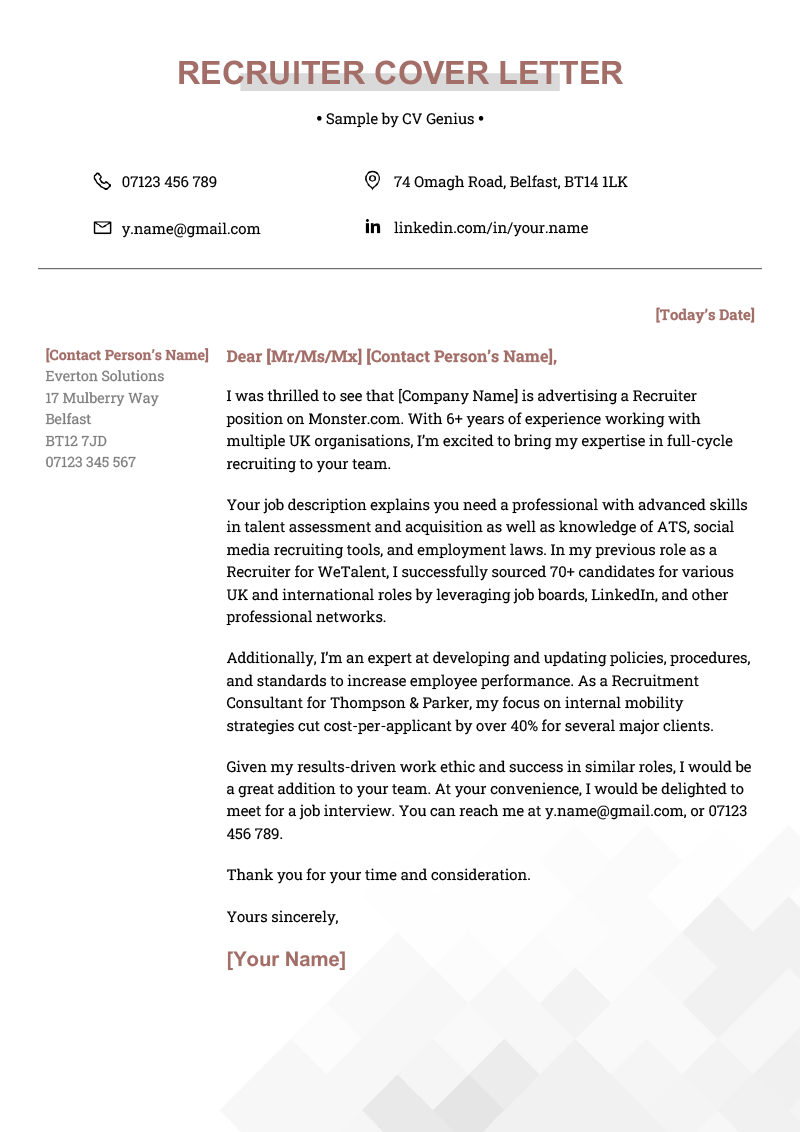 A modern recruiter cover letter with a maroon header and geometric background to highlight the contents of the letter.