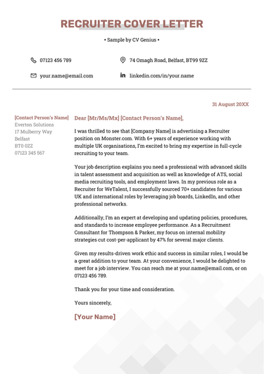 A modern recruiter cover letter with a maroon header and geometric background to highlight the contents of the letter.