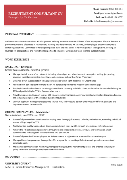 A recruitment consultant CV with a bold red header and the applicant's experience laid out across several clearly defined sections.