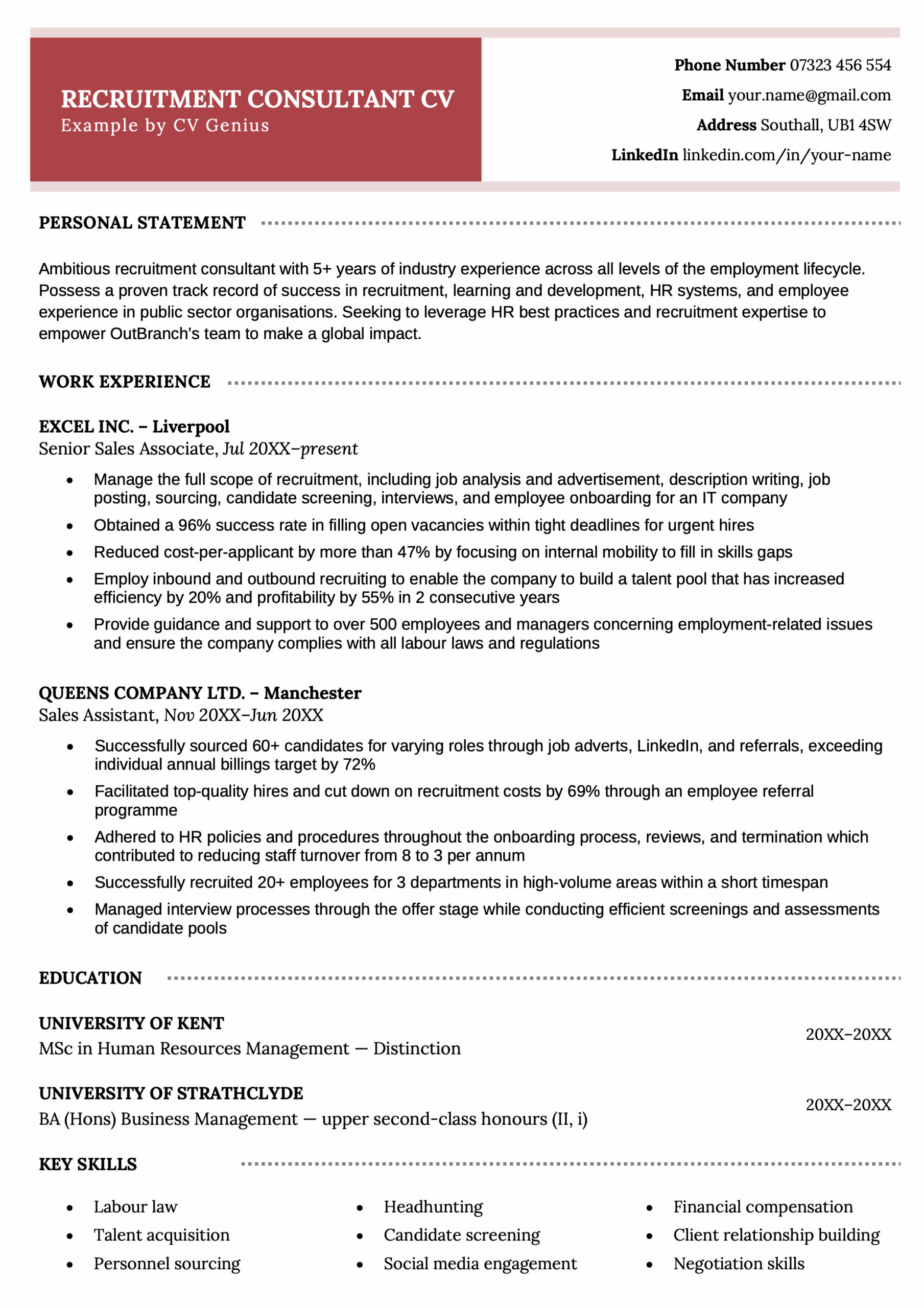 First page of a recruitment consultant CV example with a bold red header and the applicant's experience laid out across several clearly defined sections.