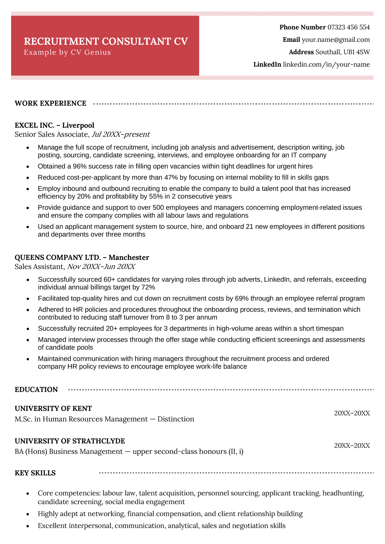 First page of a recruitment consultant CV example with a bold red header and the applicant's experience laid out across several clearly defined sections.