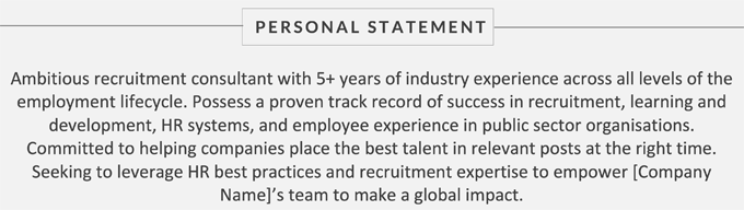 A screenshot of a personal statement on a recruitment consultant CV