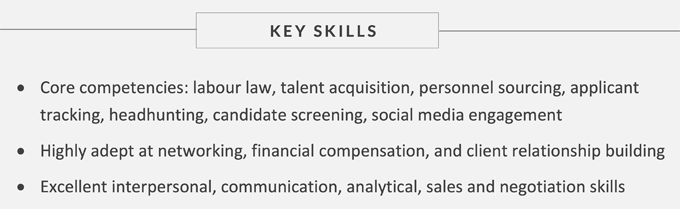 An example of a key skills section on a recruitment consultant CV