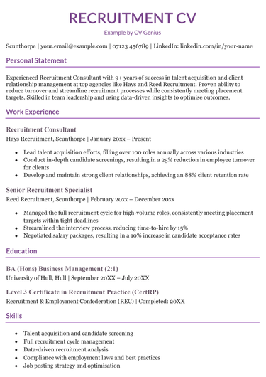 The first page of a recruitment CV example