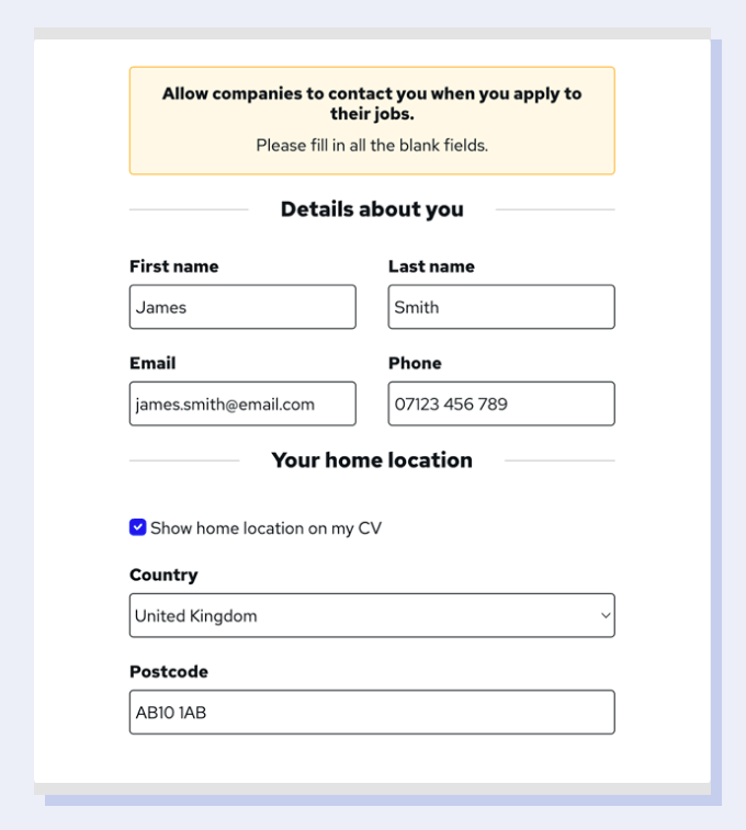 A screenshot of the Details About You section on the Reed CV Builder, showing an applicant's name, email, phone number, and home location.