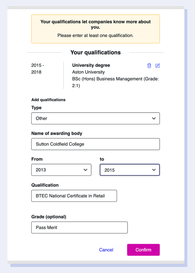 A BTEC qualification entered correctly using the Reed CV builder.