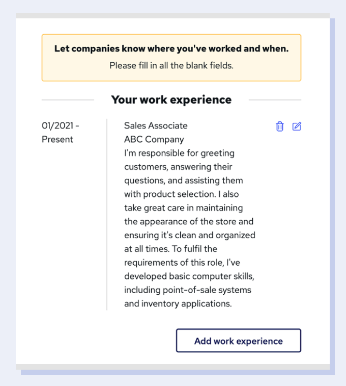 A screenshot from the Reed CV builder showing how a work experience entry is formatted after you enter it into the system.