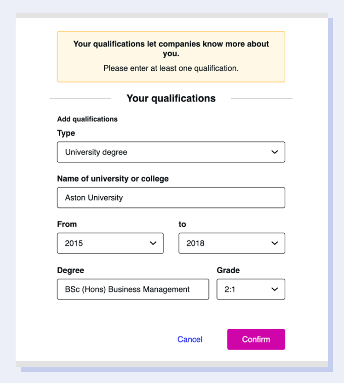 A screenshot from the Reed CV builder showing how you enter your education experience into the system.